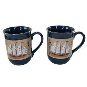 Otagiri Blue Coffee Mugs Sailboat Sailing Ship Tea Nautical Set 2 Cups Japan Vtg